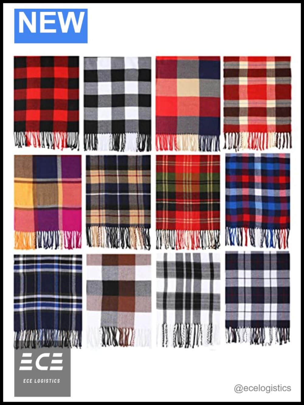 12 Pc Tartan Plaid Scarf Set Polyester Winter Scarves Tassel Fringe